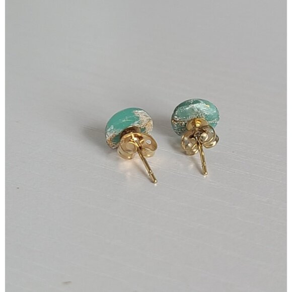 Boho Seafoam Light Green Gold Agate Gemstone Round Mini Circle Stud Earrings - Picture 10 of 15